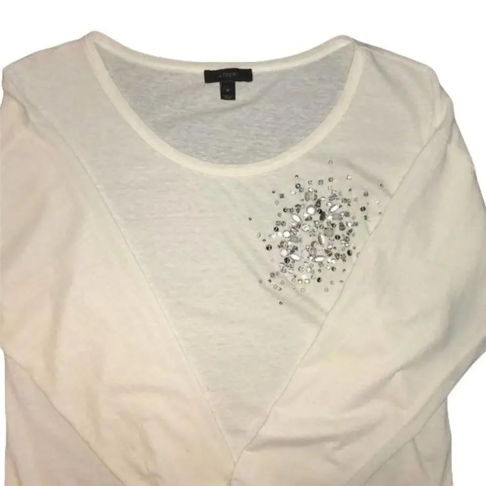 J Crew Soft Cream Top Cotton Comfy Scoop Neck Embellished Long Sleeves Medium